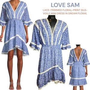LOVE SAM Women's Silk voile Mini Dress In Dream Floral lace Blue Cream Small
